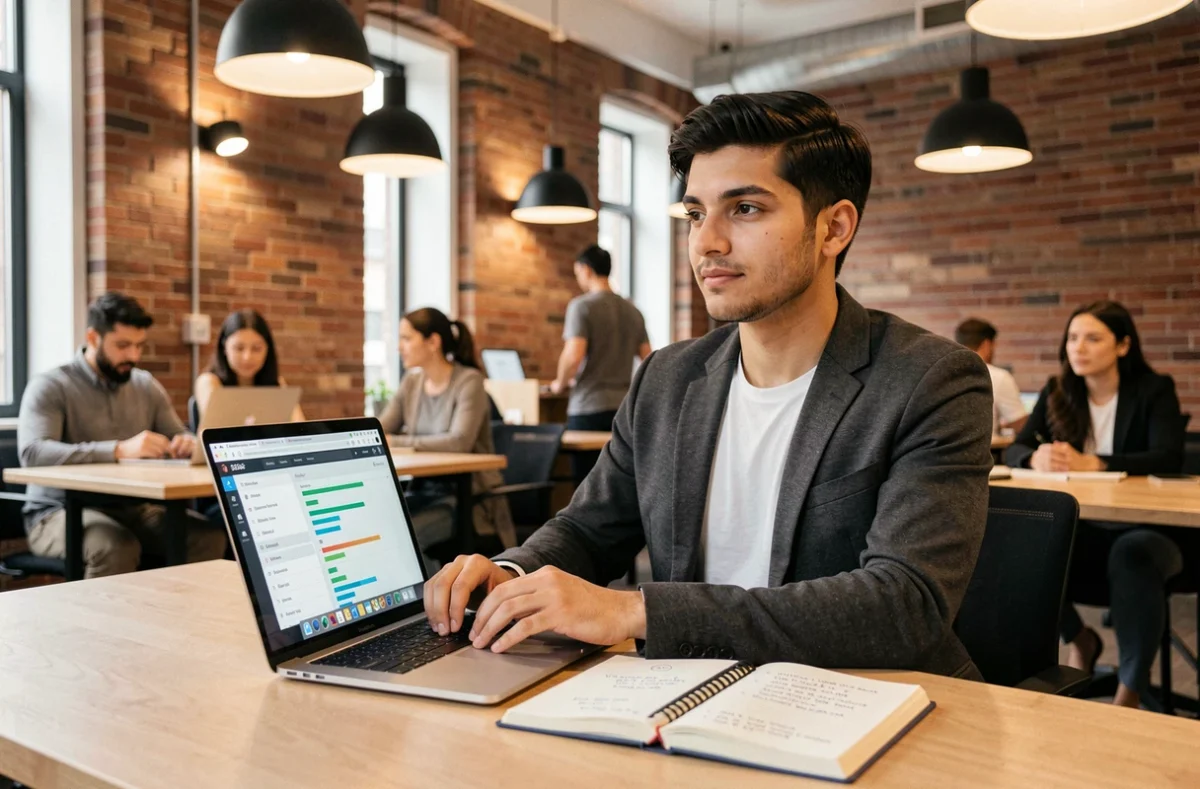 Consultant SEO Samy en train d'effectuer un audit SEO dans un espace de coworking moderne