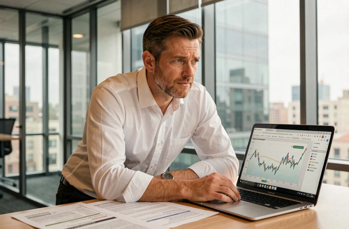 Portrait professionnel de Sébastien Sourdet, expert SEO, analysant des rapports de trafic organique dans son bureau