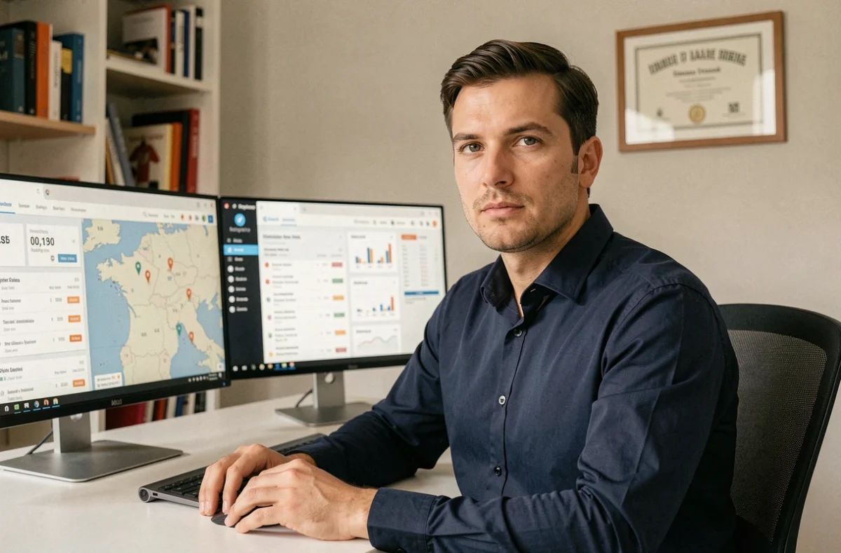 Portrait d'un consultant SEO masculin spécialisé, Vincent Hégo, travaillant sur des tableaux de bord de référencement dans son bureau