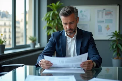 Consultant en stratégie Oliver Wyman analysant des documents dans un bureau parisien moderne avec vue sur les toits haussmanniens
