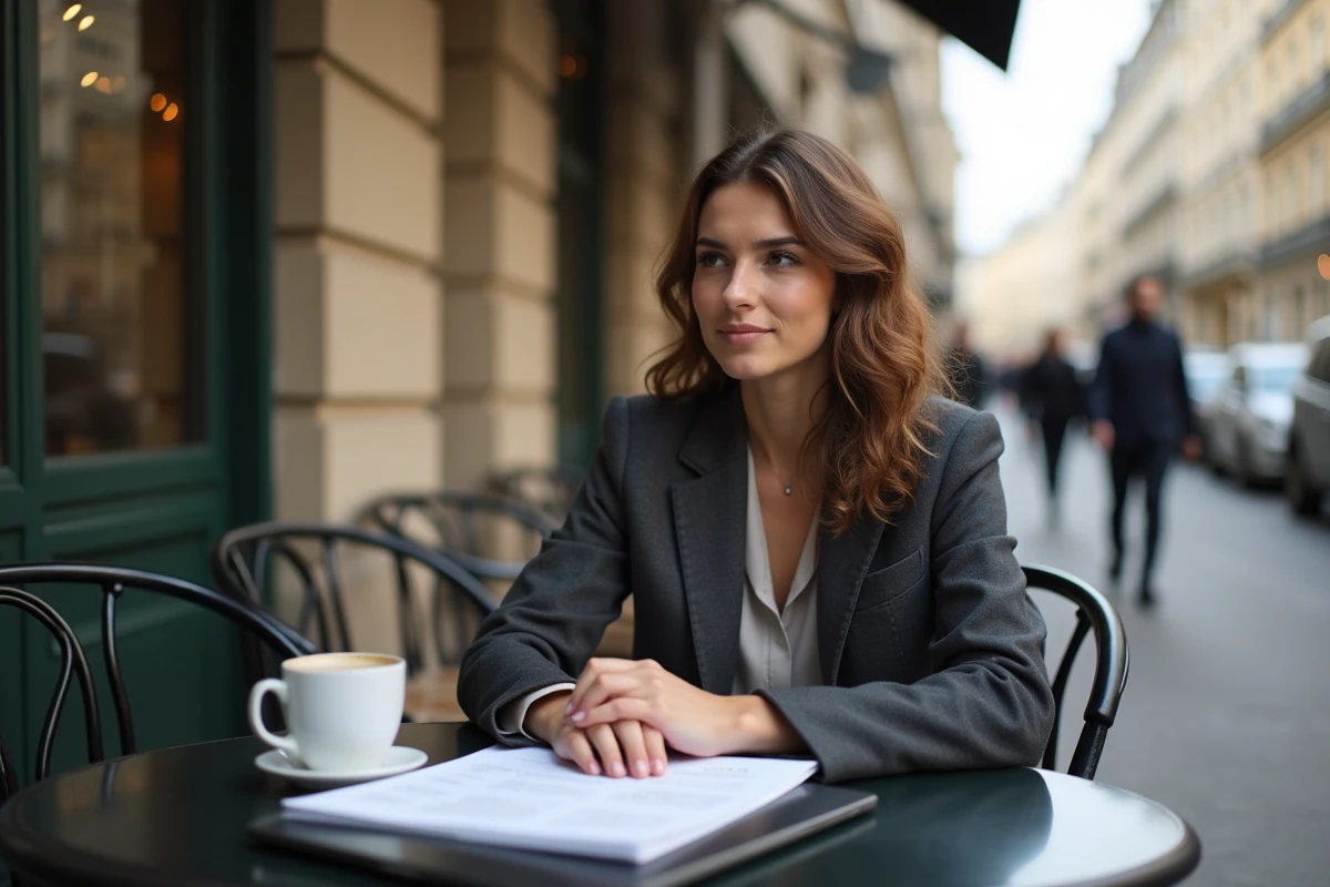 Consultante indépendante française travaillant sur un projet stratégique en terrasse de café à Paris avec son ordinateur portable