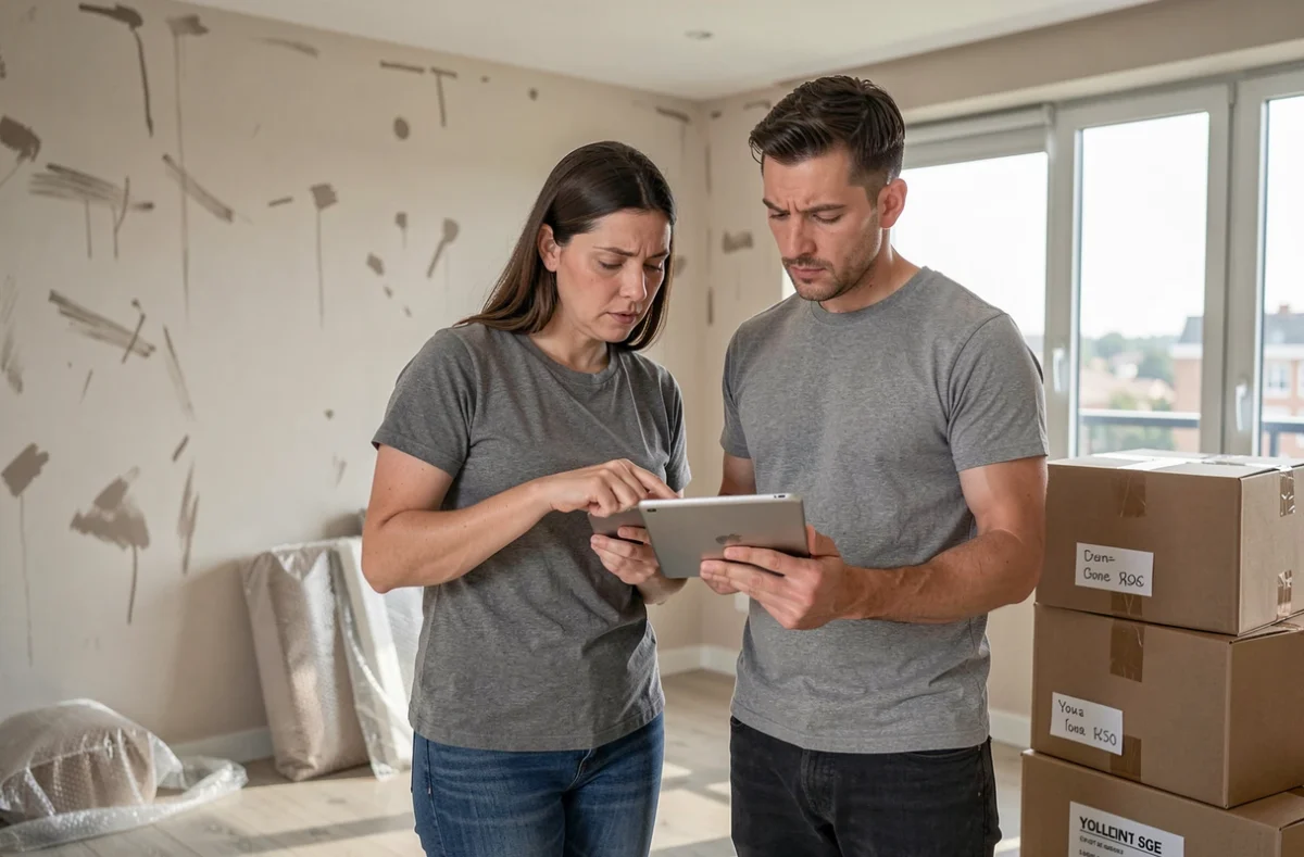 Couple consultant une checklist sur tablette dans un appartement en cours de vidage avant un déménagement à l'étranger