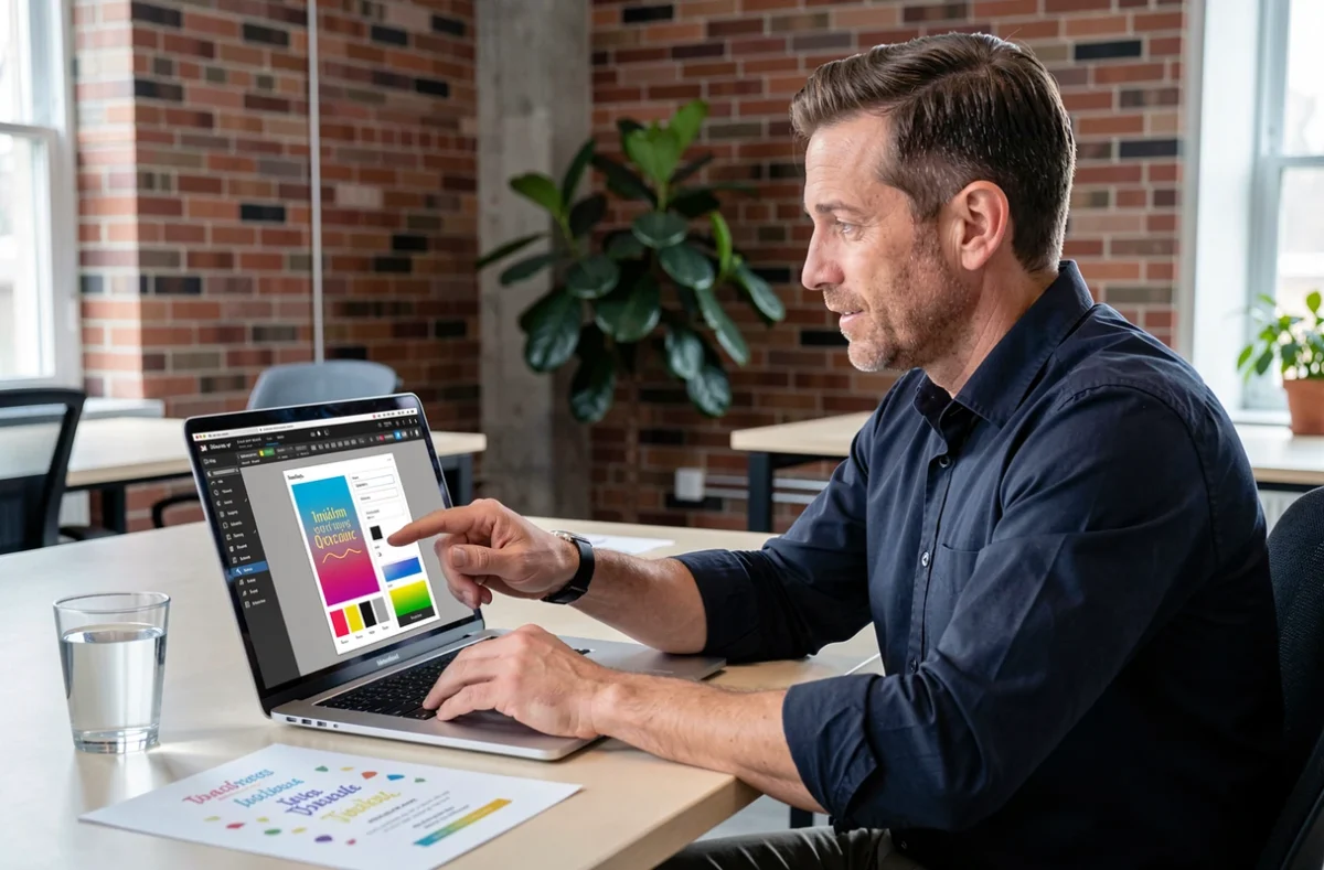Homme utilisant un logiciel de design sur ordinateur portable pour personnaliser une invitation d'événement numérique