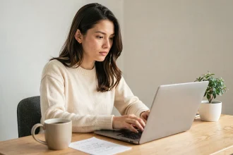 Jeune femme entrepreneur travaillant sur son ordinateur portable pour créer sa micro-entreprise sans budget depuis chez elle