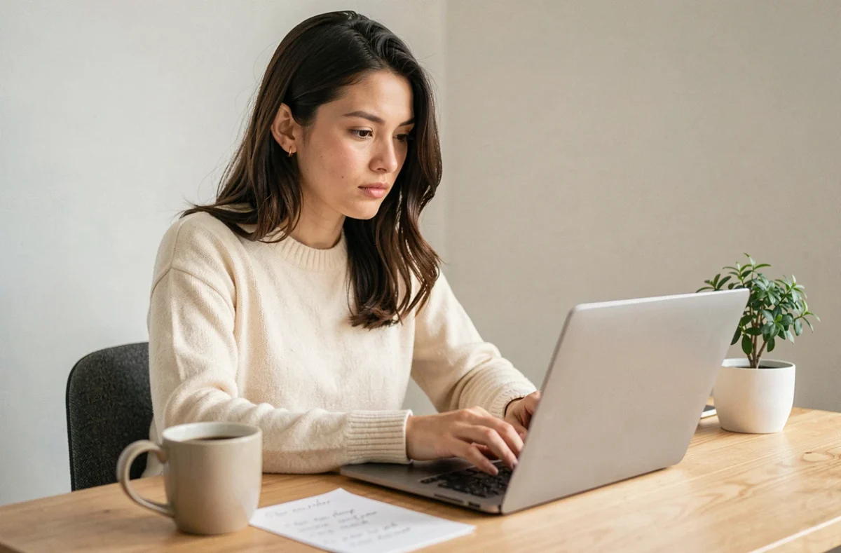 Jeune femme entrepreneur travaillant sur son ordinateur portable pour créer sa micro-entreprise sans budget depuis chez elle