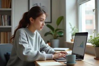 Jeune femme débutante travaillant sur un ordinateur portable dans un bureau à domicile pour lancer son premier produit en ligne