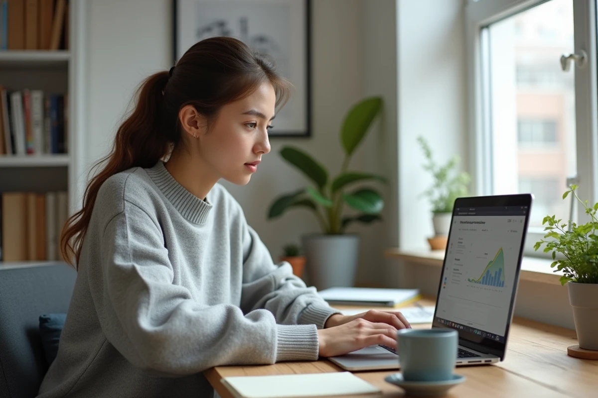 Jeune femme débutante travaillant sur un ordinateur portable dans un bureau à domicile pour lancer son premier produit en ligne