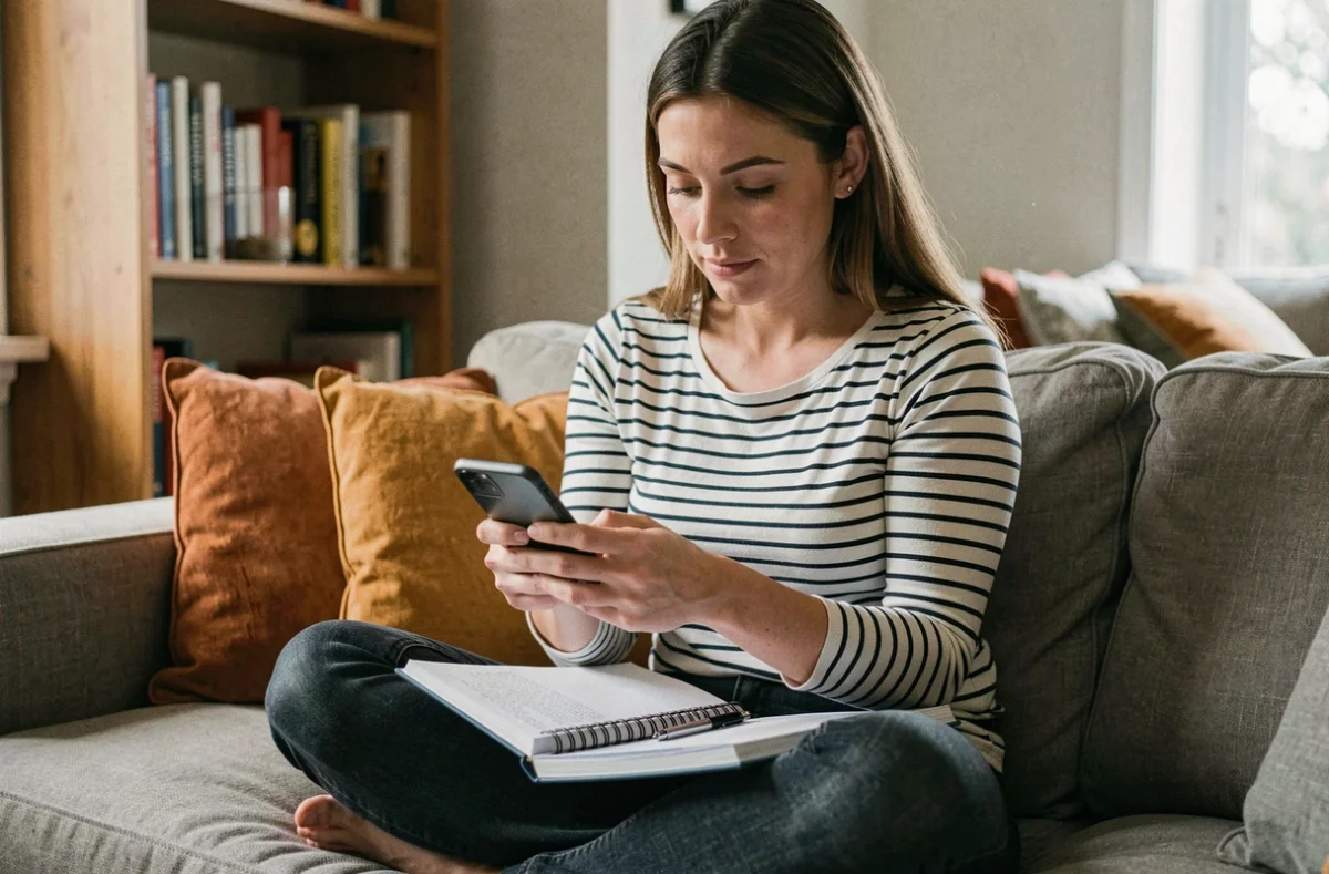 Femme consultant son smartphone pour les démarches de création d'entreprise en ligne depuis son salon