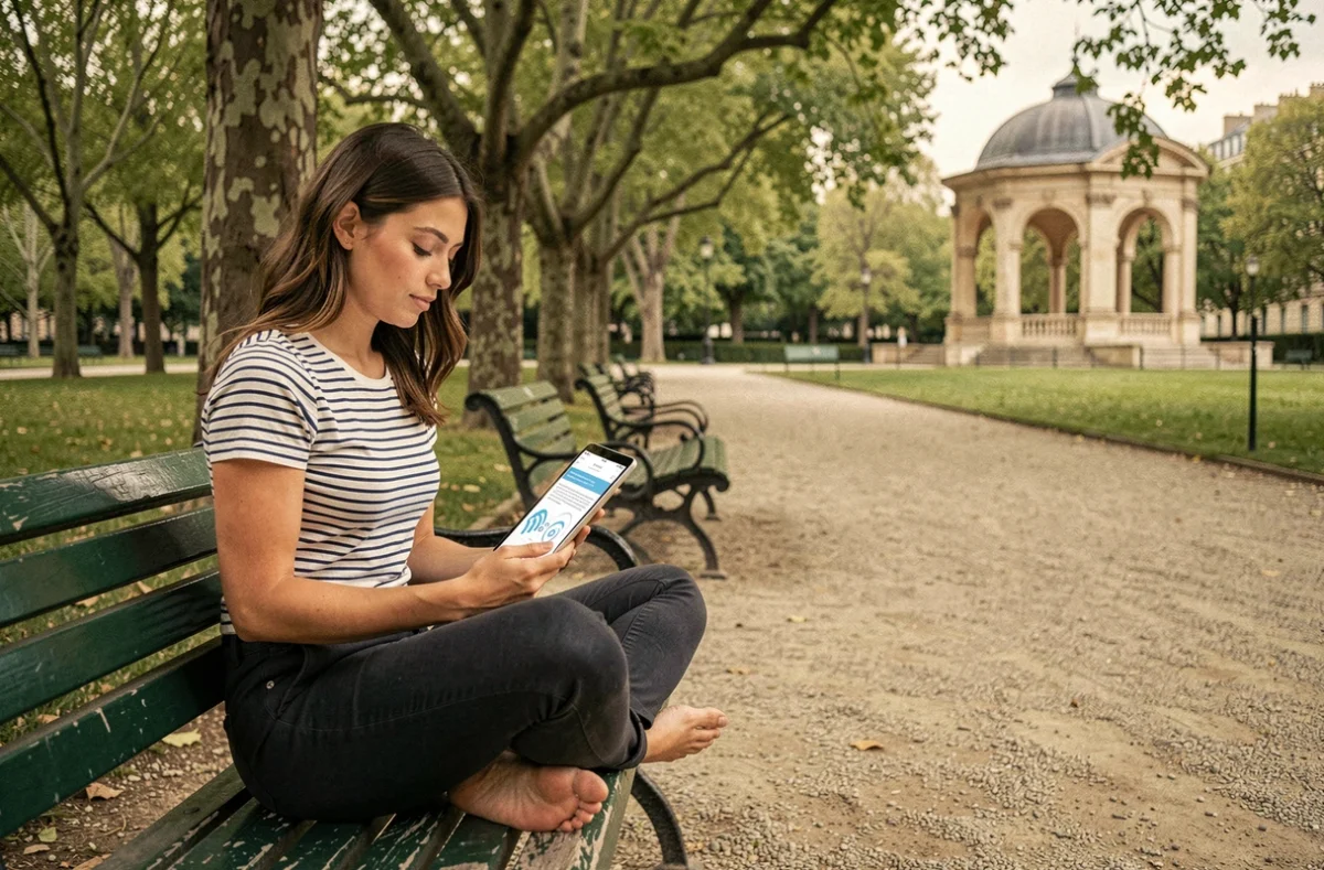 Jeune femme consultant un guide de dépannage pour le WiFi Nomade Paris sur une tablette dans un parc