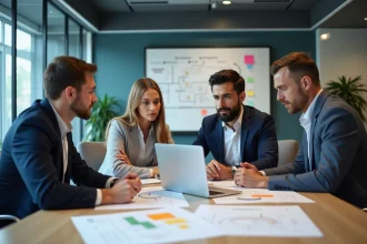 Équipe de professionnels réunis autour d'une table de conférence pour planifier le déploiement d'un système de gestion des rôles en entreprise