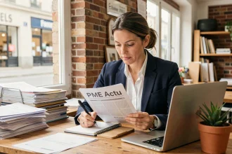 Dirigeante de PME française lisant un bulletin d'actualité PME à son bureau en bois dans un espace de travail artisanal