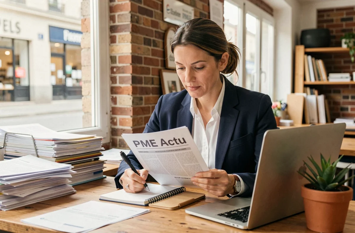 Dirigeante de PME française lisant un bulletin d'actualité PME à son bureau en bois dans un espace de travail artisanal