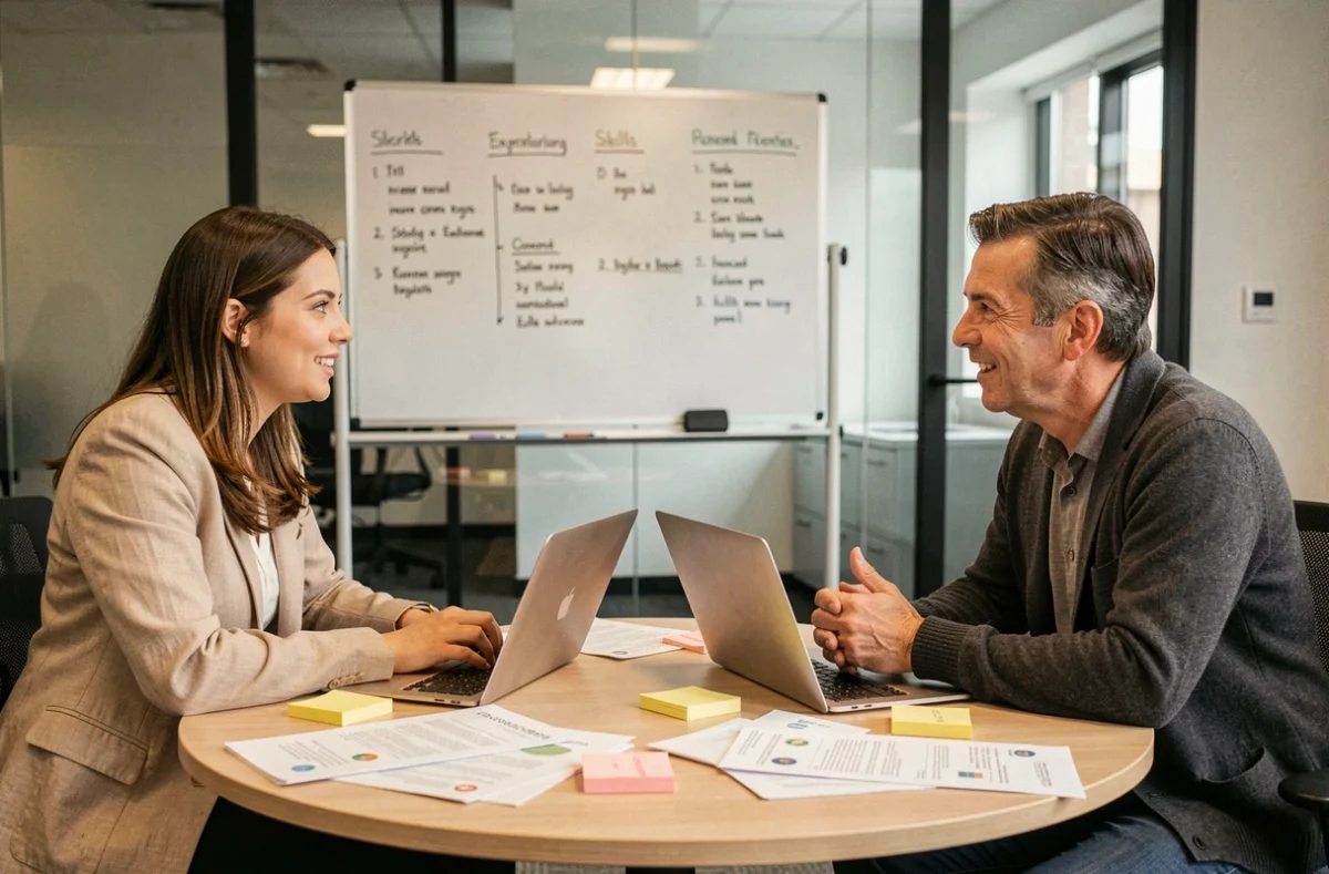 Deux professionnels discutant de soft skills et de compétences commerciales autour d'un CV lors d'une réunion de recrutement