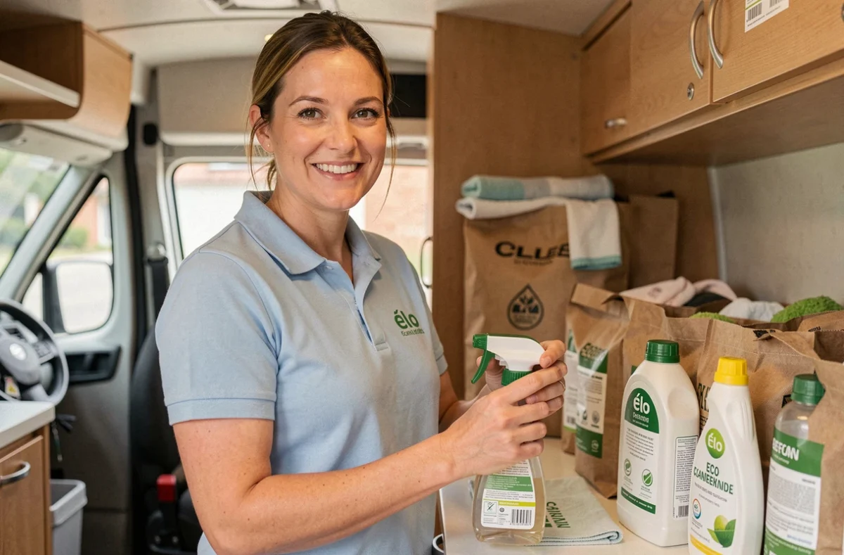 Gérante d'Élo c clean présentant des produits de nettoyage écologiques dans son bureau à Metz