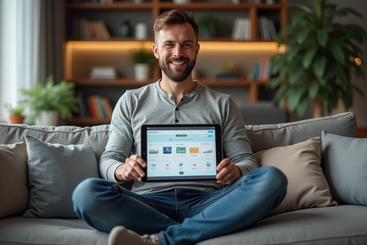 Entrepreneur gérant des campagnes d'emailing automatisées depuis son bureau à domicile avec une tablette