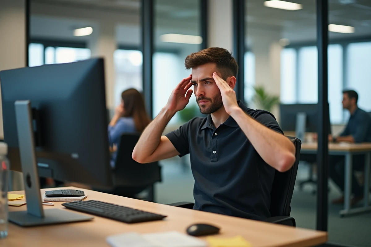 Employé de bureau fatigué devant ses écrans illustrant les effets d'une longue journée de travail de 12 heures