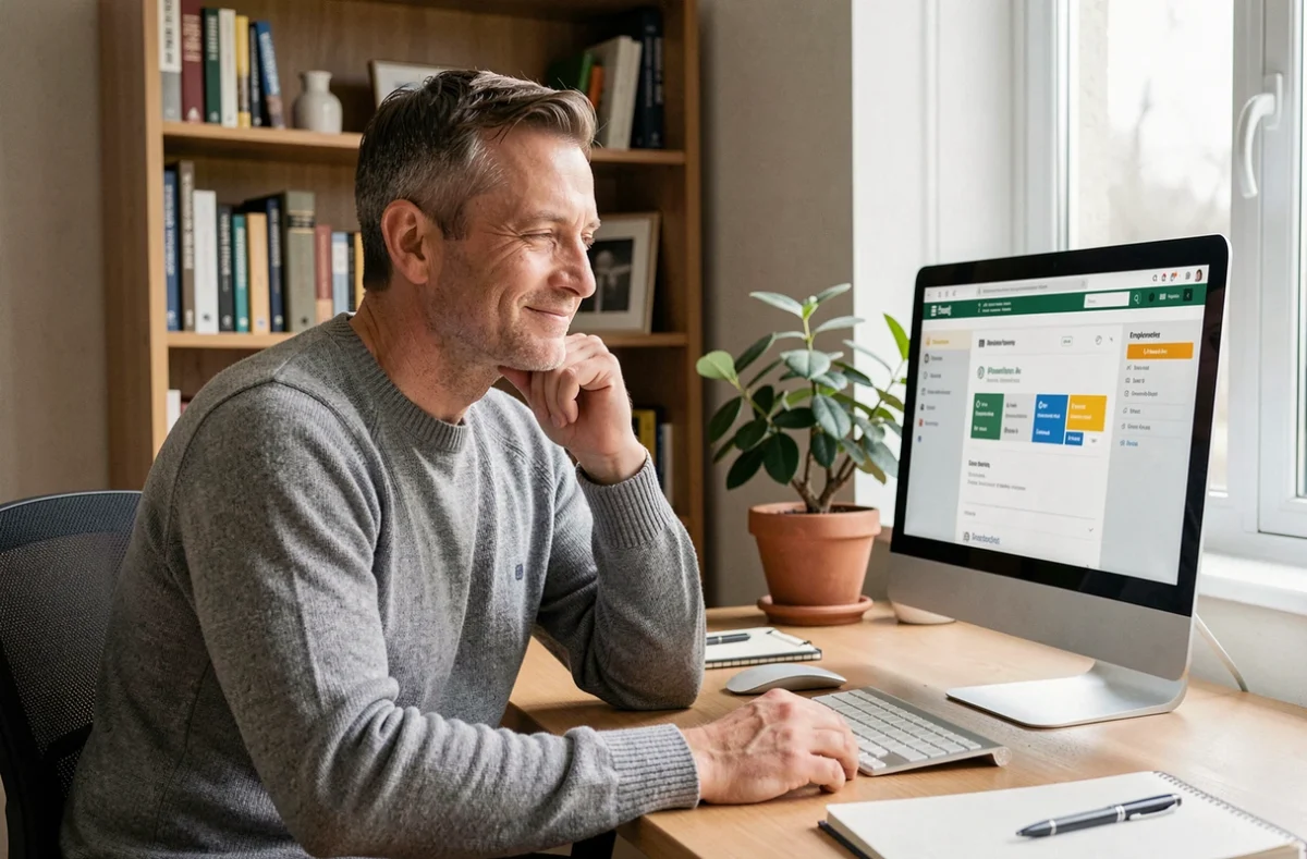 Employé GMF consultant les prestations du comité d'entreprise depuis son bureau à domicile