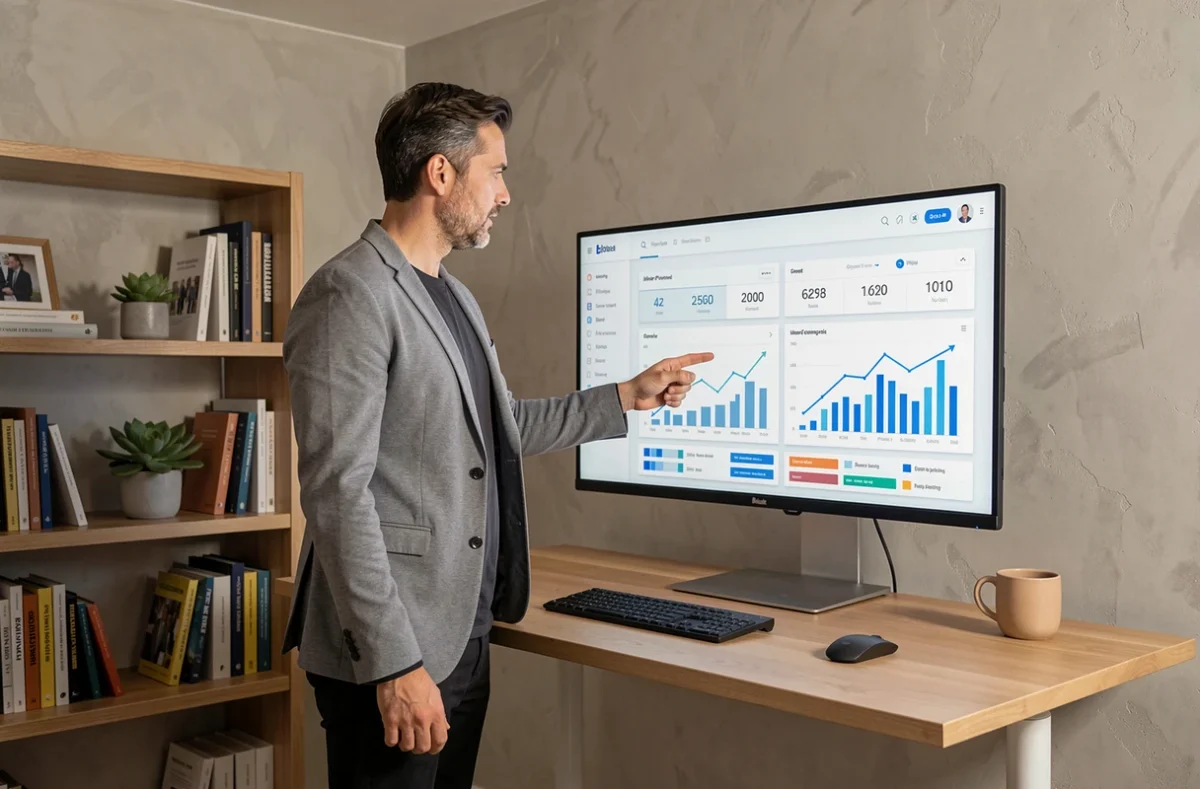 Entrepreneur masculin analysant des tableaux de bord de performance pour piloter le démarrage de son activité depuis son bureau à domicile