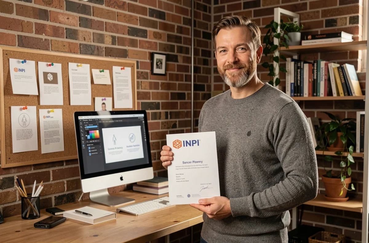 Entrepreneur indépendant tenant un certificat de dépôt de marque INPI dans son bureau à domicile