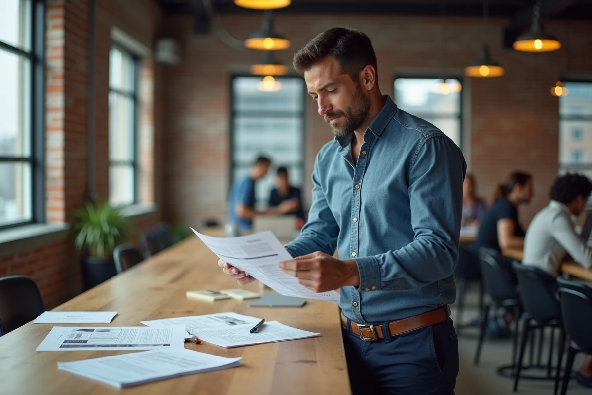 Entrepreneur masculin analysant des contenus éditoriaux business dans un espace de coworking contemporain