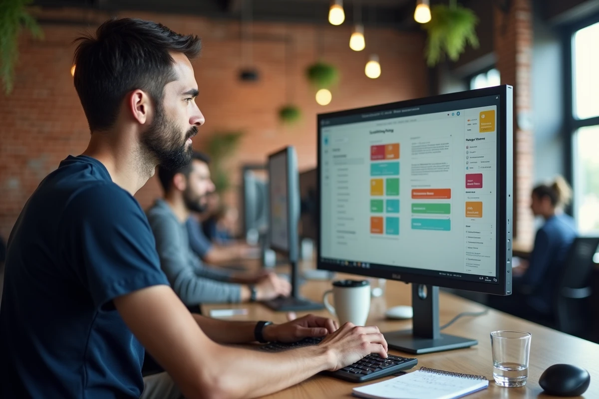 Homme entrepreneur débutant utilisant un outil de création de page de vente dans un espace de coworking moderne