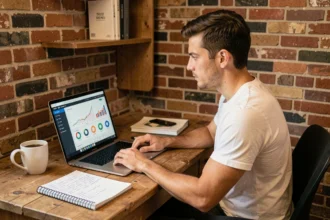 Jeune entrepreneur débutant travaillant sur sa stratégie digitale devant un ordinateur portable dans un bureau à domicile