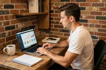 Jeune entrepreneur débutant travaillant sur sa stratégie digitale devant un ordinateur portable dans un bureau à domicile