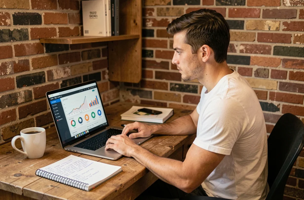 Jeune entrepreneur débutant travaillant sur sa stratégie digitale devant un ordinateur portable dans un bureau à domicile
