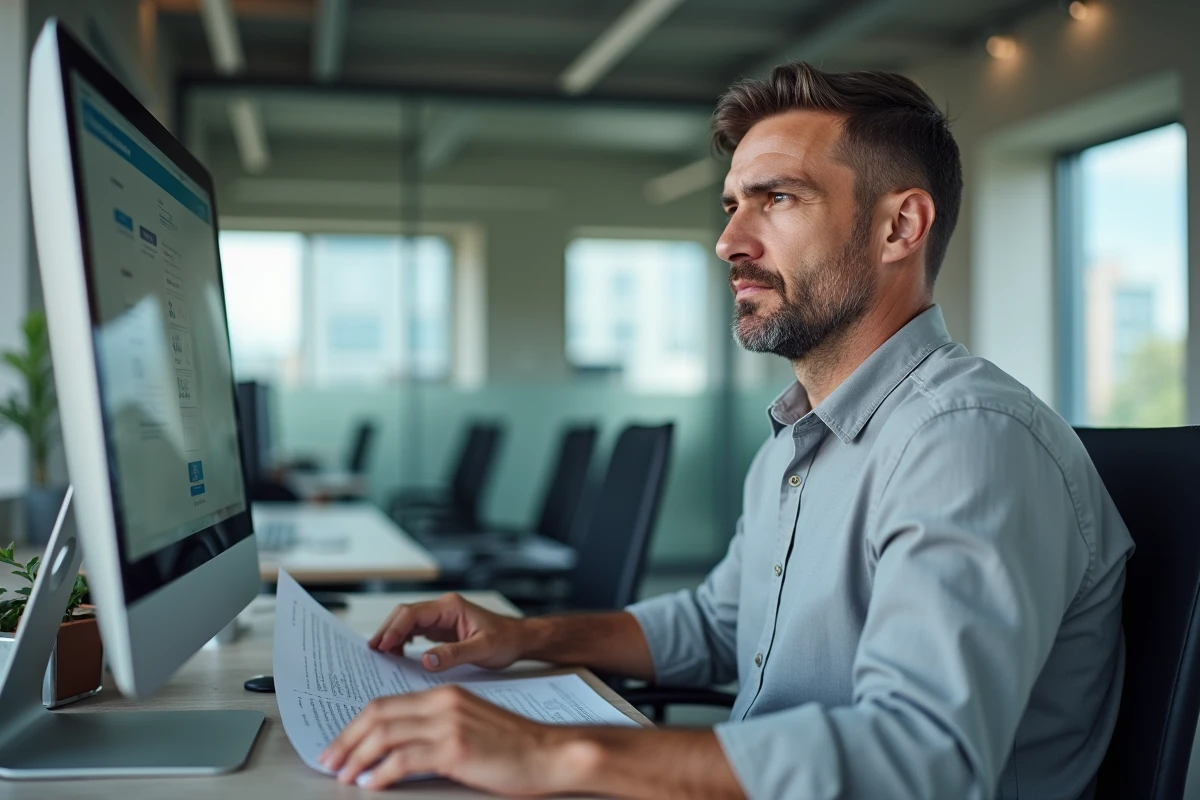 Entrepreneur masculin consultant son espace personnel Urssaf pour déclarer un changement de situation professionnelle