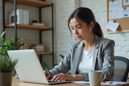 Jeune femme entrepreneur travaillant sur son premier business en ligne depuis un bureau à domicile