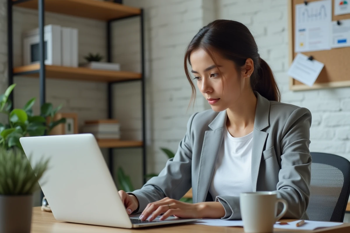 Jeune femme entrepreneur travaillant sur son premier business en ligne depuis un bureau à domicile