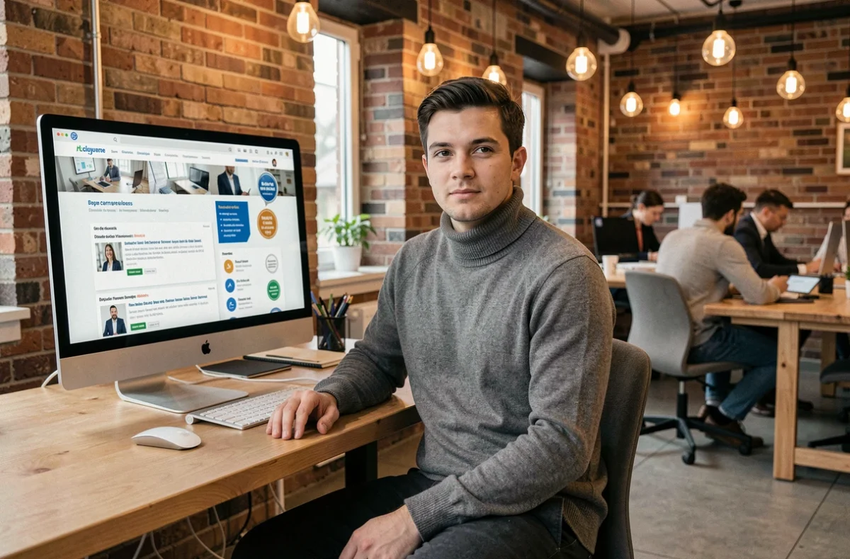 Jeune entrepreneur français travaillant dans un espace de coworking et consultant un annuaire de réseaux business en ligne francophones sur un grand écran
