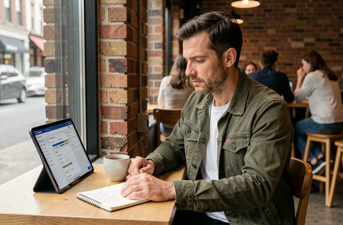 Entrepreneur masculin travaillant sur un guide business model numérique avec une tablette et des notes manuscrites dans un café urbain