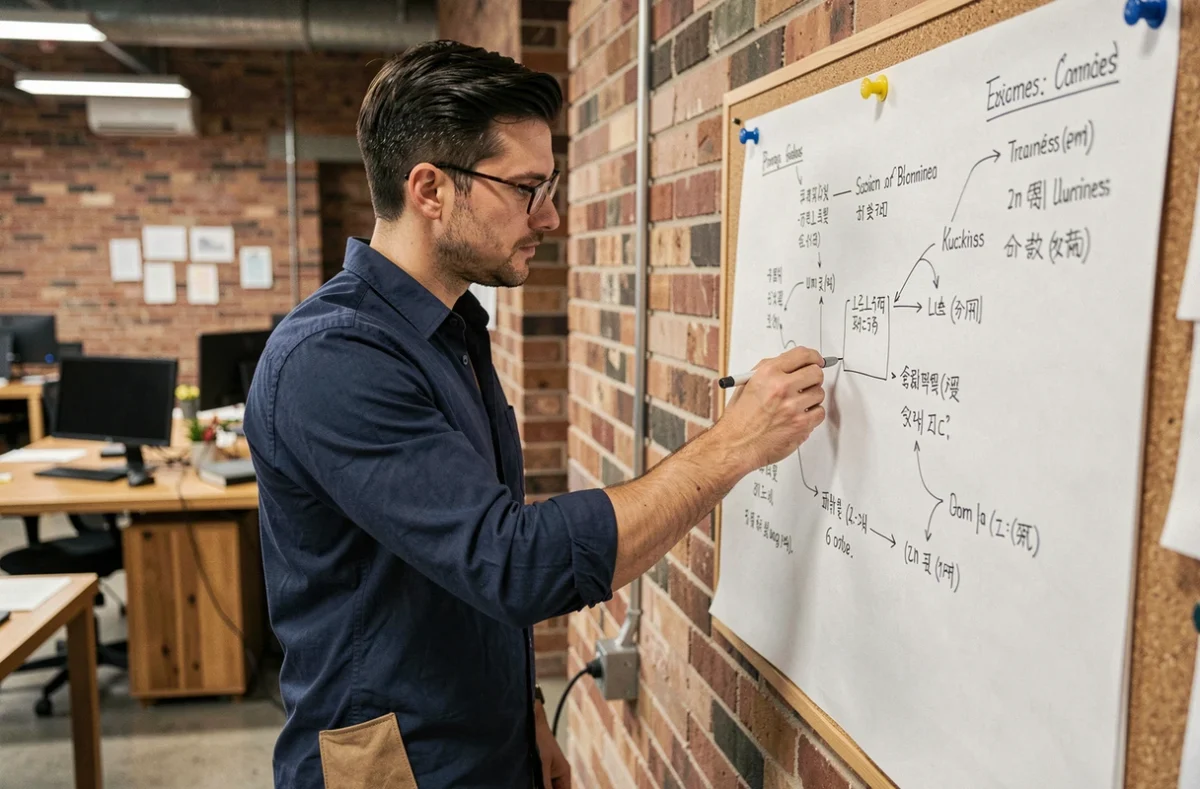 Jeune entrepreneur analysant son plan de développement d'entreprise dans un espace de coworking moderne