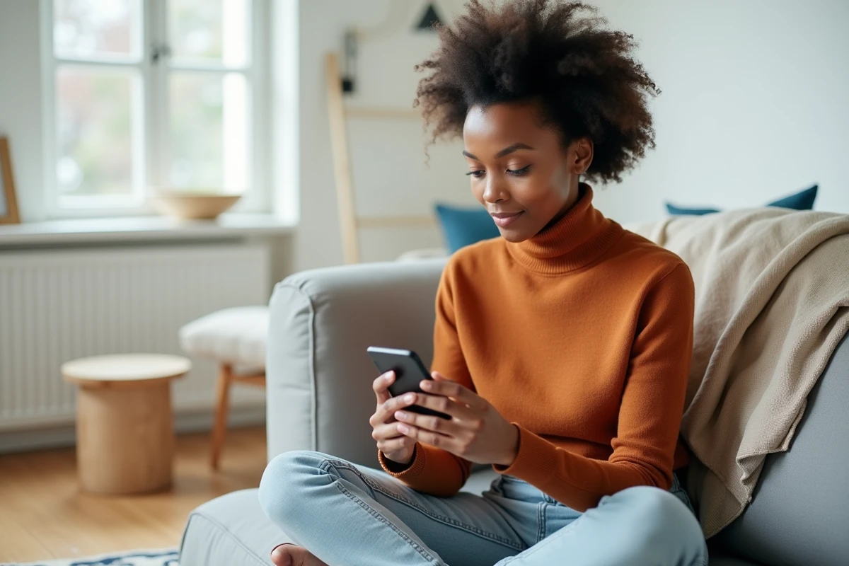 Jeune entrepreneuse consultant son fil LinkedIn sur smartphone pour analyser l'impact des accroches en texte gras