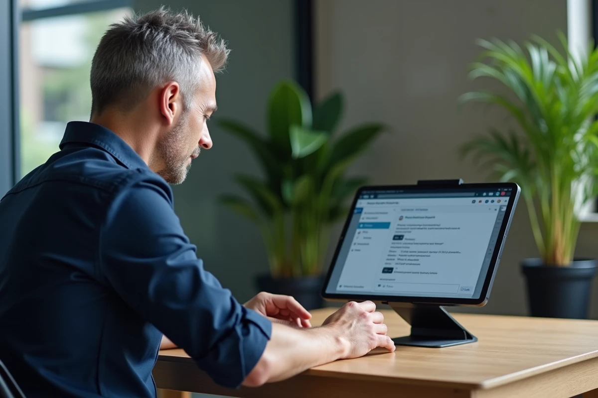 Homme en entretien avec un outil d'intelligence artificielle de recrutement sur une tablette dans un espace de coworking