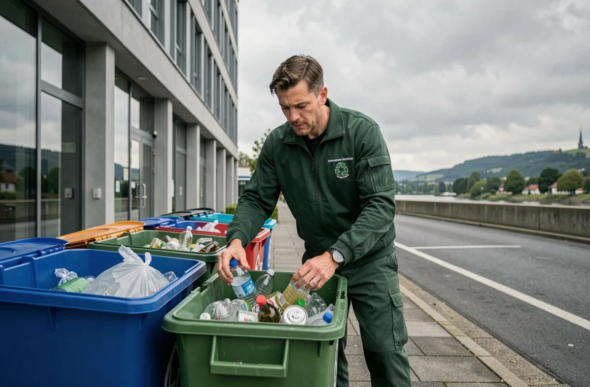 Agent d'Environnement Services Propreté triant des déchets recyclables devant un bâtiment à Metz