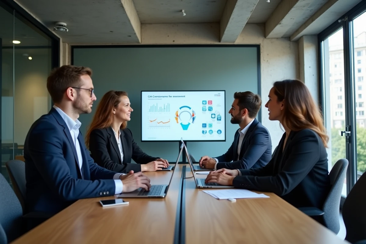 Équipe de consultants parisiens en réunion stratégique devant un écran de présentation dans un espace de travail moderne
