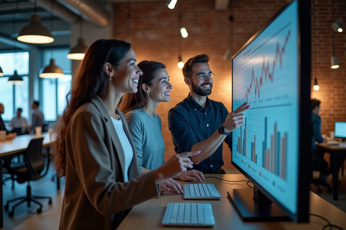 Équipe marketing collaborant sur l'automatisation de publicités en ligne grâce à des outils d'intelligence artificielle dans un espace de coworking