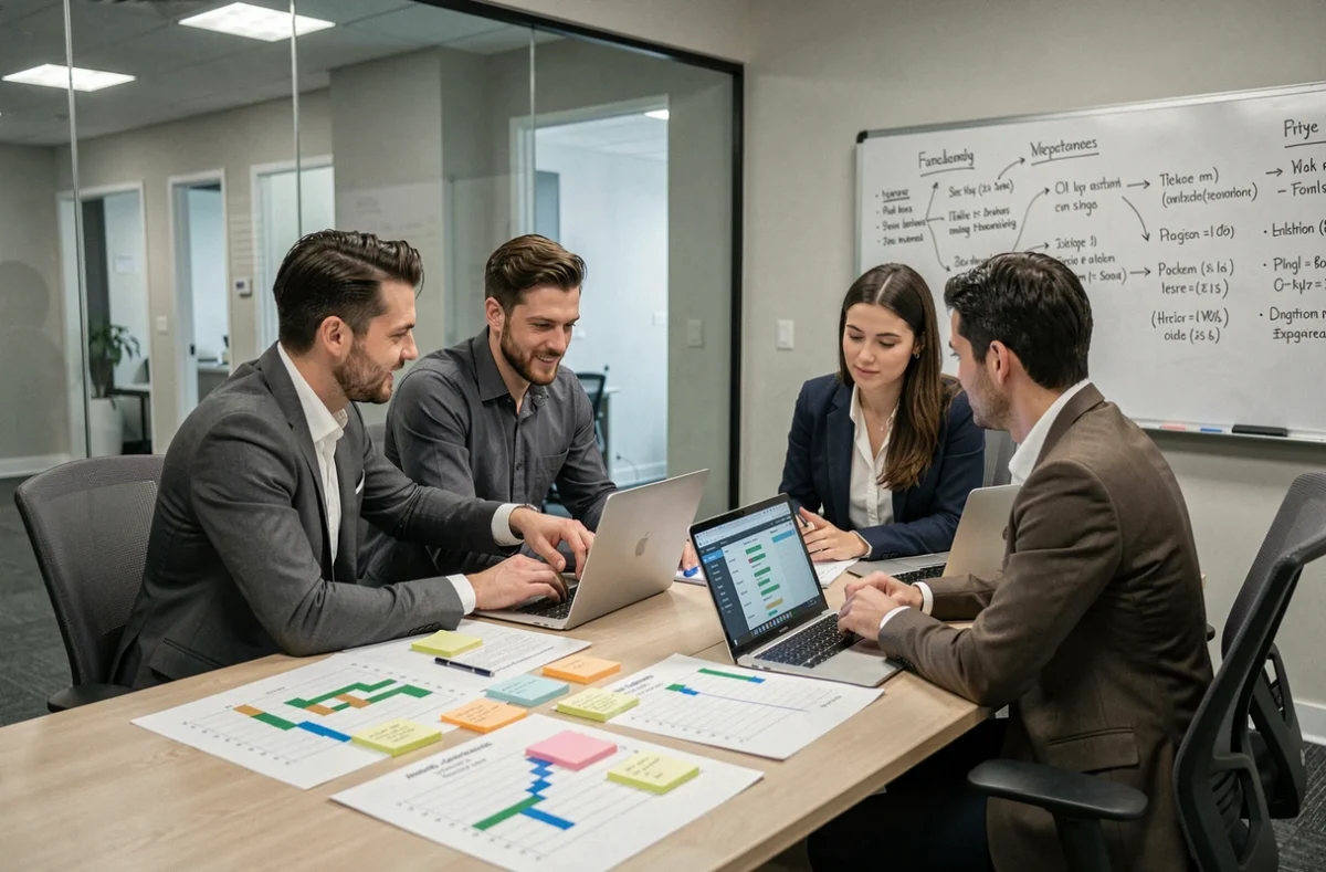 Équipe de professionnels en réunion autour d'outils de gestion de projet et de tableaux de planification