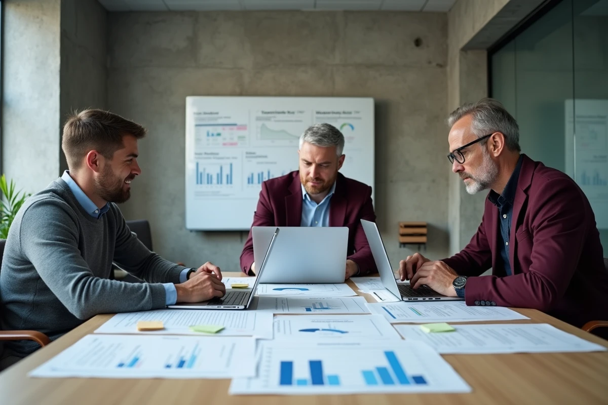 Équipe d'entreprise en réunion autour d'un rapport d'activité avec indicateurs économiques territoriaux