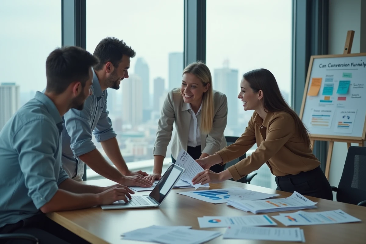 Équipe de professionnels discutant d'une stratégie de conversion et de notoriété de marque autour d'une table de réunion