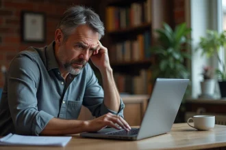 Homme frustré devant un écran d'ordinateur affichant une erreur de connexion sur le site artisan-en-1-clic.fr