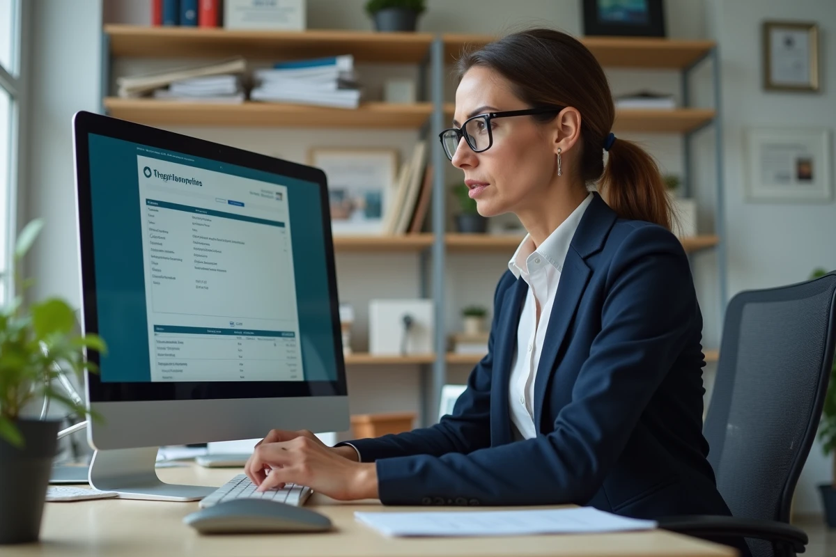 Employée administrative vérifiant une commande en ligne sur la boutique Berger Levrault, assise à son bureau dans un bureau municipal moderne