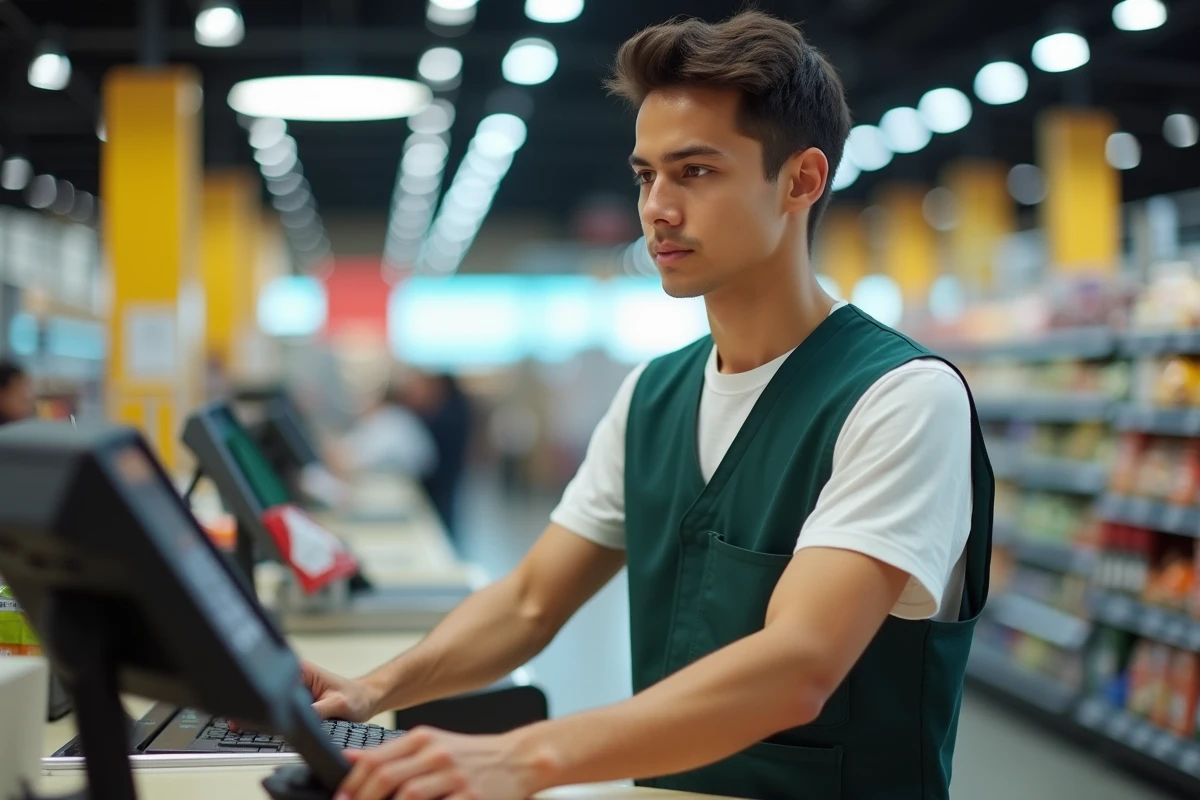 Jeune étudiant employé en grande surface à la caisse d'un supermarché, comparaison des jobs étudiants en commerce