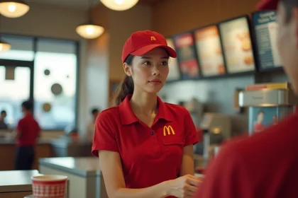 Jeune étudiante en uniforme McDonald's derrière le comptoir d'un fast-food, illustrant le salaire étudiant dans la restauration rapide