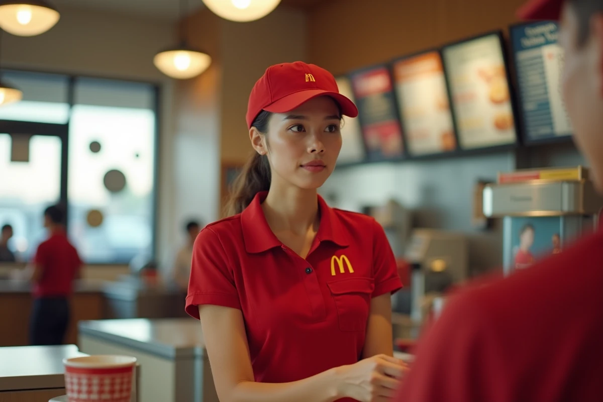 Jeune étudiante en uniforme McDonald's derrière le comptoir d'un fast-food, illustrant le salaire étudiant dans la restauration rapide
