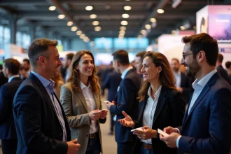 Entrepreneurs français en networking lors d'un événement professionnel Lesentreprisesfrenchy 2026 dans une grande salle de conférence moderne