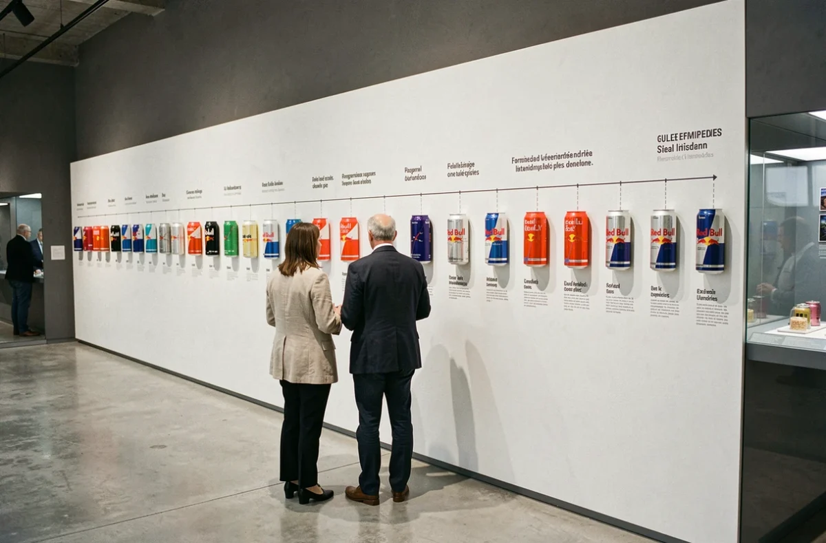Exposition muséale chronologique montrant l'évolution du design des canettes Red Bull des années 1980 à aujourd'hui