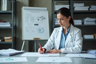 Fabricante débutante annotant un dossier technique de construction dans un studio de développement produit industriel
